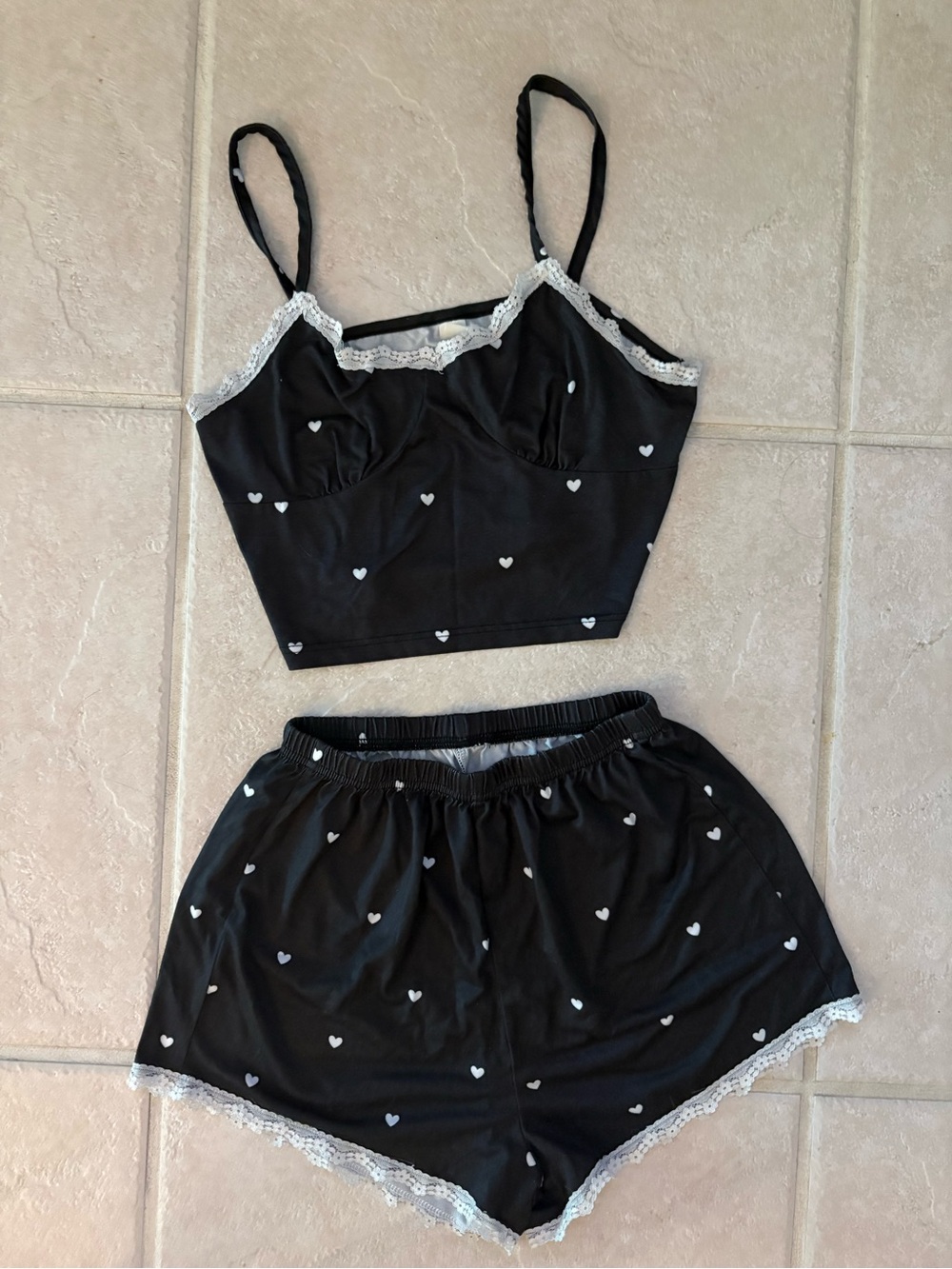 Women’s Black & White Heart Lace Pajama Set - Size Small